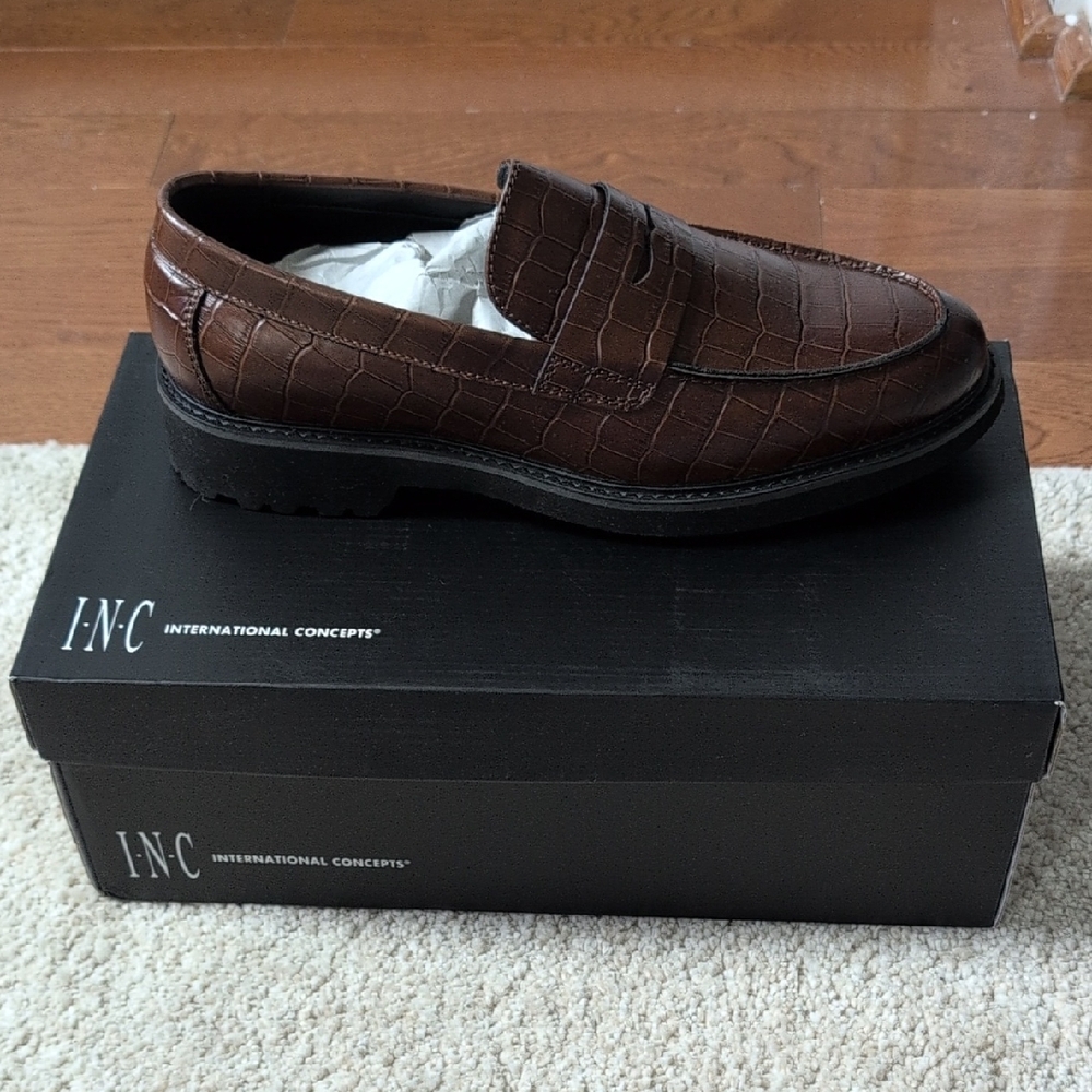 INC International Concepts Men's Croc-Embossed Brown Loafers